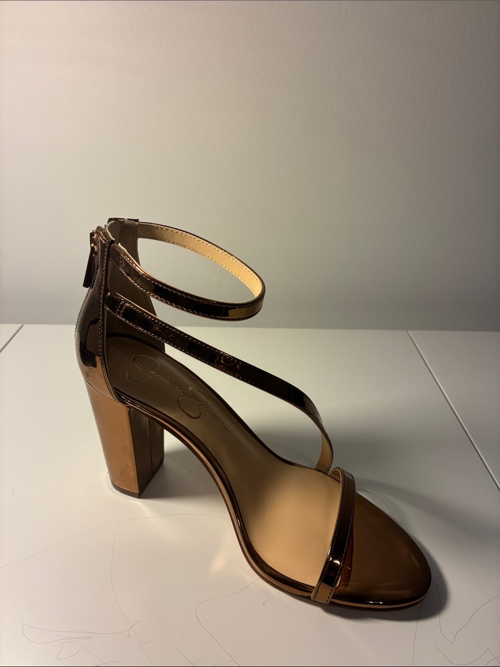 Jessica Simpson Bronze Patent Strappy Block Heel Sandal